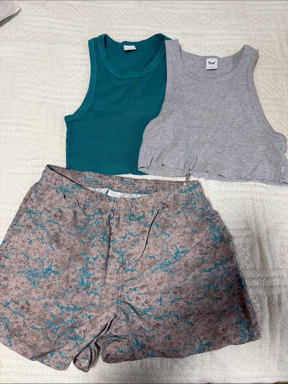 TNA Teal Ribbed Tank, Gray Ribbed Crop & Teal-Marble Shorts Set